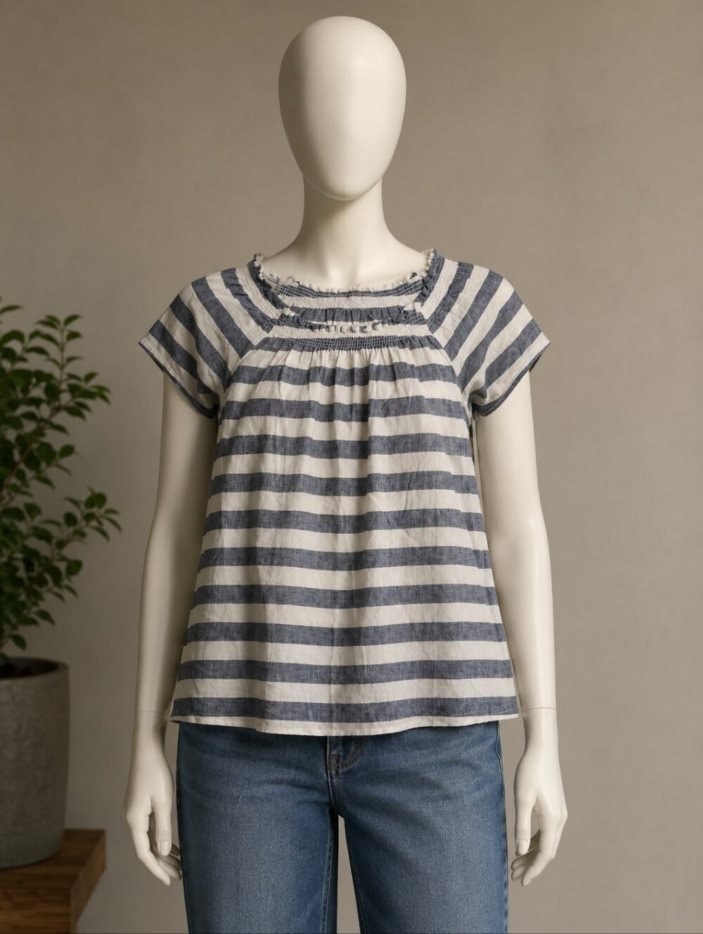 beachlunchlounge Blue & White Striped Peasant Top